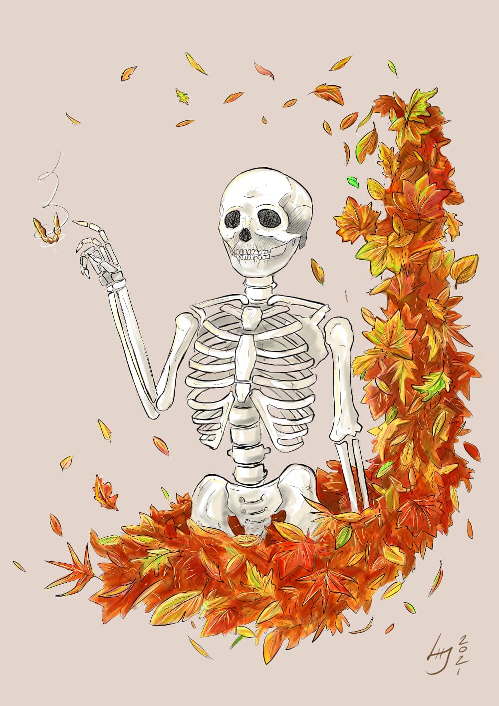Illustration of a skeleton surrounded by autumn leaves