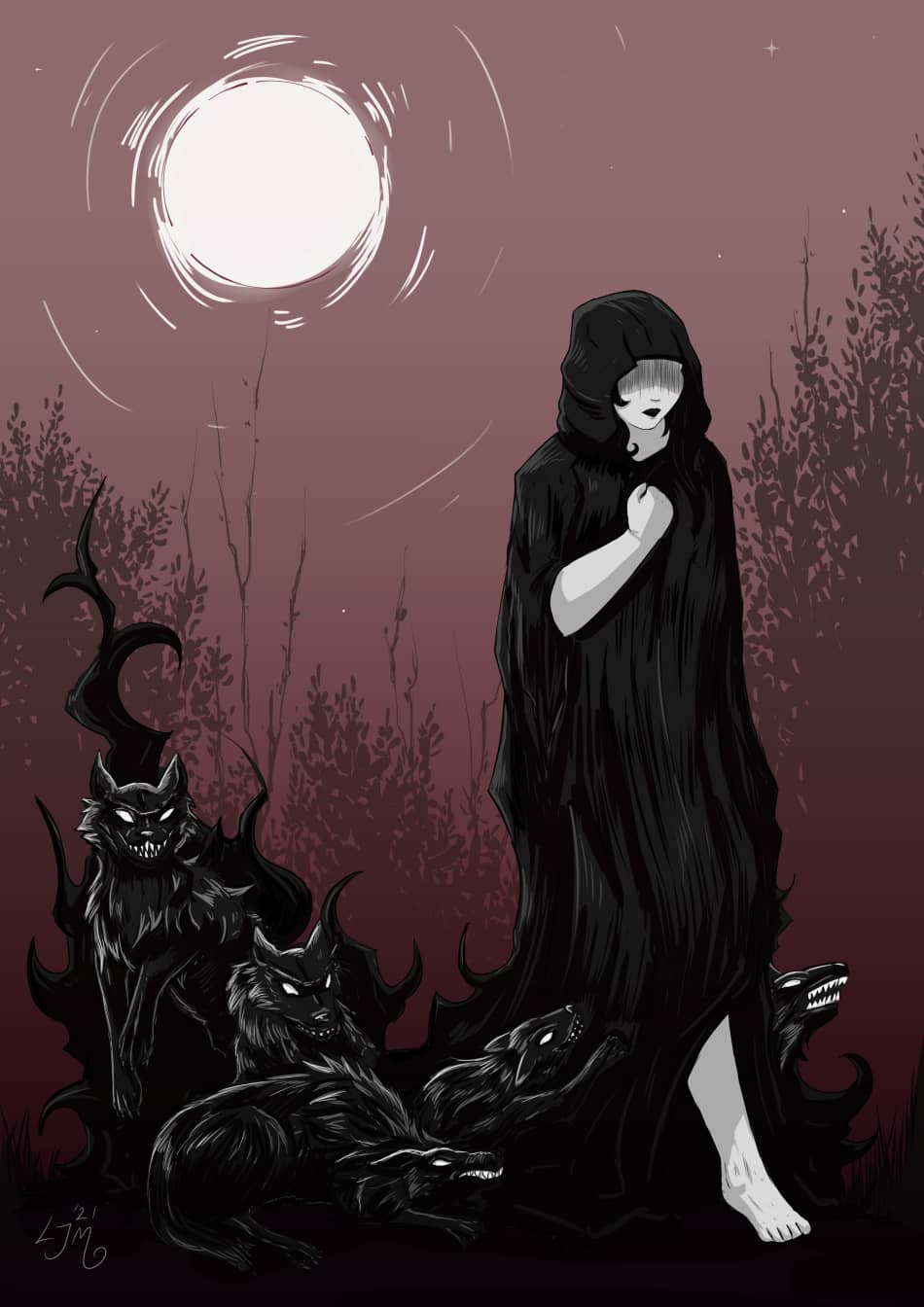 Illustration of a hooded woman walking with a pack of hounds under a blood red, moonlit sky